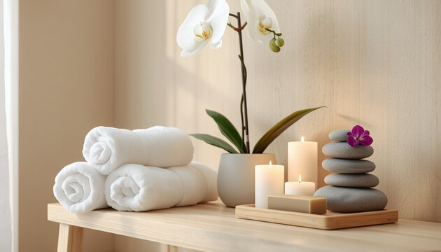 Serene spa still life with rolled towels, white orchid, balanced stones and candles, relaxation and wellness concept
