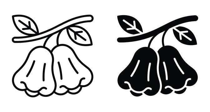 Rose apple fruit icon set featuring outline and silhouette versions of wax apples hanging from a branch with green leaves