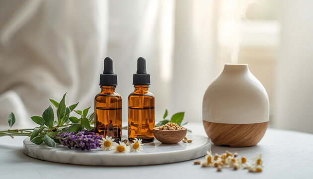 Amber essential oil bottles with lavender, eucalyptus and aroma diffuser, aromatherapy and natural wellness