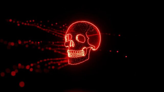 Glowing red digital skull rotates against flowing particle trails in abstract black space, creating a futuristic neon animation with dramatic motion and electronic atmosphere