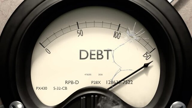Debt meter showing big levels of debt. Dangerously increasing high values of debt, critical overload. Too much, off the charts. Max debt