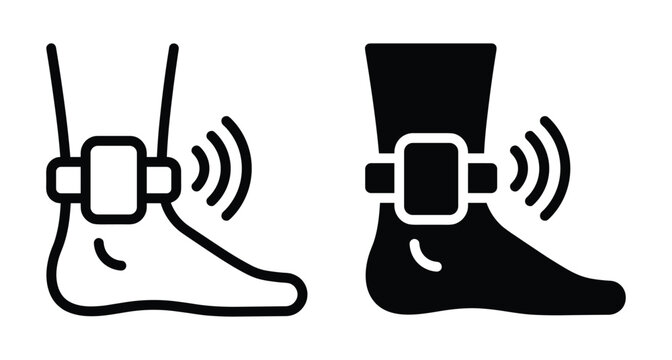 Ankle monitor icon set showing electronic tracking device on human foot for house arrest parole monitoring and law enforcement security