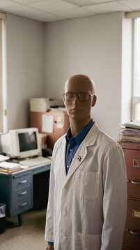 Mannequin in a lab coat and glasses in an office