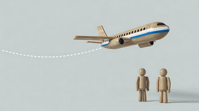 Passenger airplane flying above two wooden figures on a neutral background