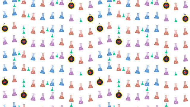 Seamless pattern of science lab flasks and compasses