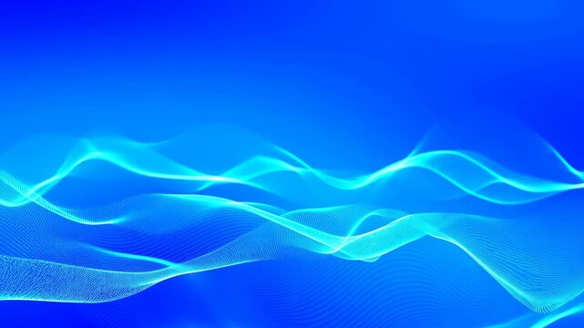 Blue waveforms flow through an abstract digital space with luminous mesh lines. Technology presentations, corporate title sequences, and website hero sections.