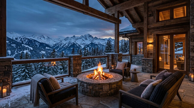 A cozy outdoor patio with a burning fire pit overlooking snow covered mountains at dusk in a winter resort
