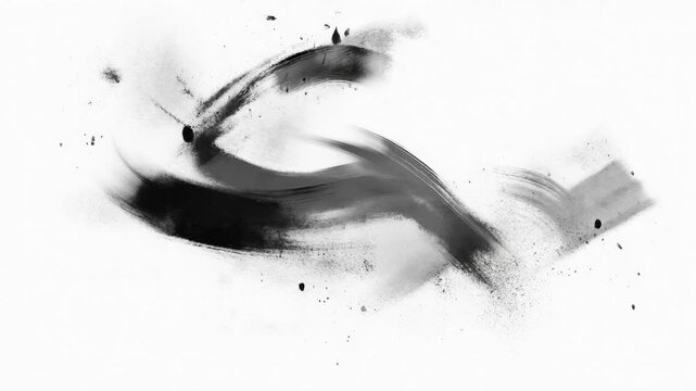 Abstract black ink brush strokes spread across a clean white field. Creative intros, editorial design, and art project presentations.