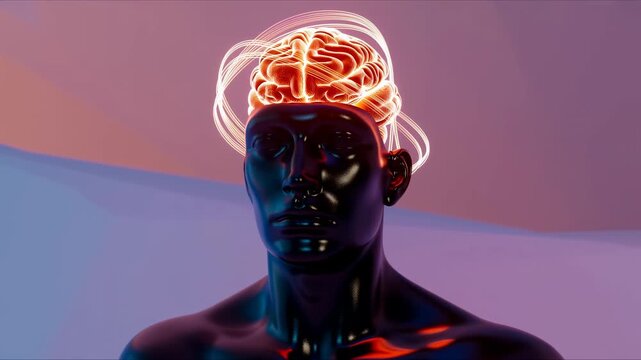 Glowing human brain rotates inside a stylized futuristic head with neon neural lines. Technology presentations, artificial intelligence campaigns, and neuroscience education.