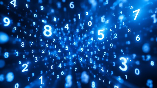White numbers floating in an abstract blue digital cyberspace, futuristic data streams and glowing technology background