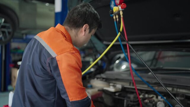 Car lies system of manometers for refueling air conditioner. Car refilling air condition in air shop. The hands of the master unscrew the protective cap of the air conditioner