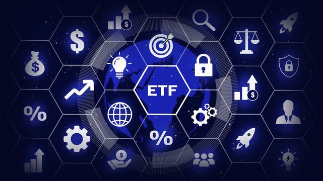 Dynamic exchange traded funds etf financial market concept with glowing digital hexagon interface, global investment growth analysis, stock market data visualization, and modern corporate banking
