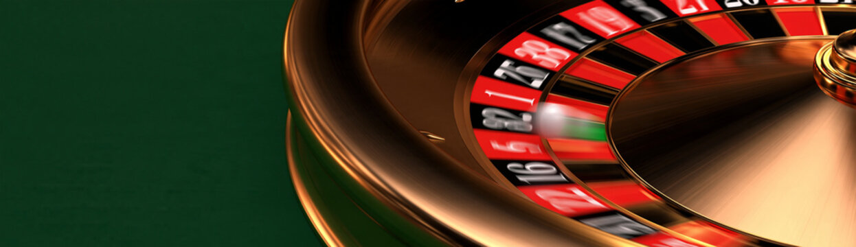 Close-up of a spinning roulette wheel in motion, with red and black numbered pockets blurred to indicate rapid rotation, creating anticipation and chance in a casino setting