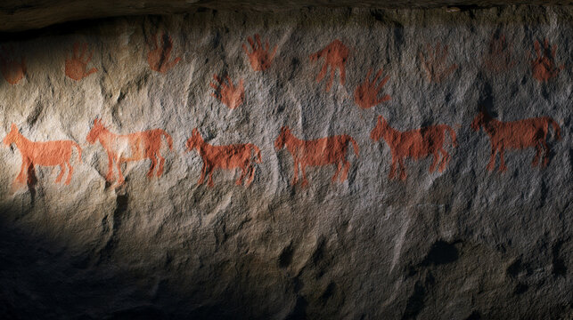 Ancient cave wall featuring primitive ochre rock paintings of handprints and animals, illuminated by dramatic side lighting, showcasing prehistoric art and early human expression on a textured stone