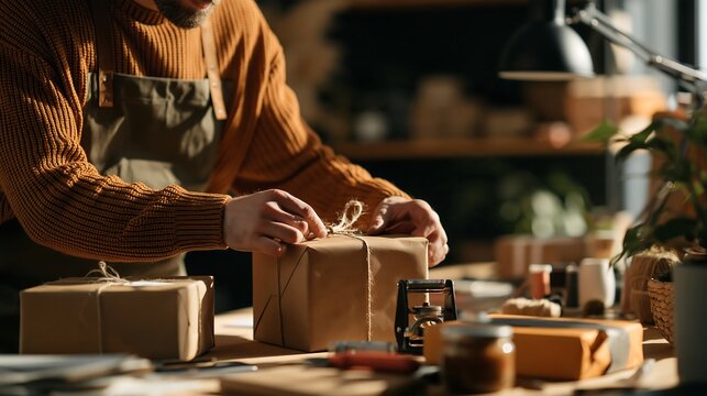 A person wearing a brown sweater and apron carefully tying twine around a brown paper-wrapped package in a cozy, dimly lit workshop environment