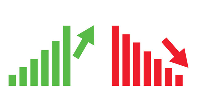 Green bar chart with upward arrow and red bar chart with downward arrow