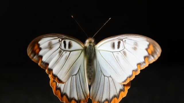 White butterfly opening patterned wings in a front-facing close-up against a black background. Nature documentaries, entomology education, and biology lessons.