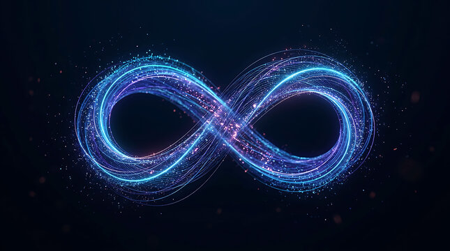 Glowing blue infinity symbol made of light streaks and particles on a dark black background