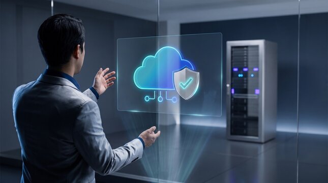 Professional man interacting with holographic cloud server security data