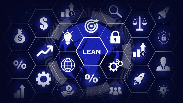 Dynamic lean methodology concept featuring digital hexagonal interface with global business financial growth symbols, strategic planning and modern corporate efficiency technology
