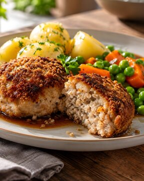 Savory crispy breaded minced meat cutlets served alongside boiled yellow potatoes buttered carrots and fresh green peas in a rustic ceramic dinner plate during lunch time