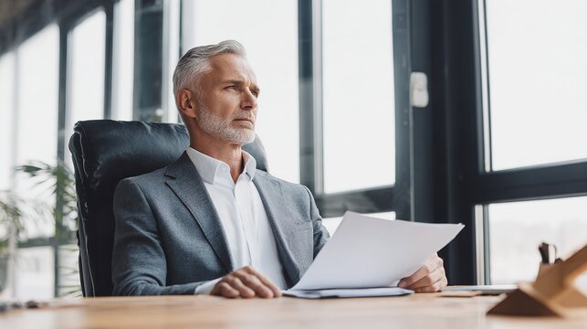 Businessman sitting at desk, concerned expression while holding document with trade tariff details, office setting, professional atmosphere, corporate environment.