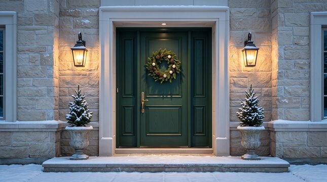 Festive green front door with Christmas wreath and glowing lanterns on a snowy winter evening
