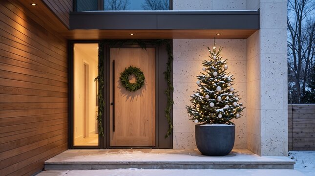 Cozy modern house entrance decorated for Christmas with a lit pine tree in a pot and a green wreath on the wooden front door in winter