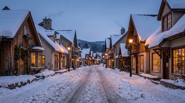 Charming snowy alpine village street with cozy wooden houses glowing warmly under twilight winter sky