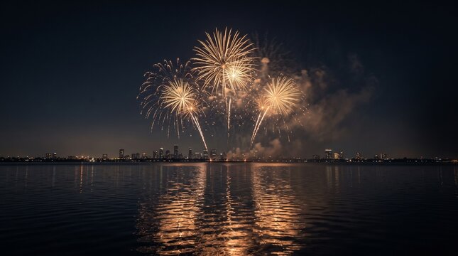 Golden fireworks explode over a dark city skyline with shimmering reflections in calm water at night