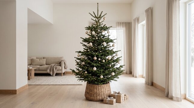 Minimalist Christmas Tree with White Ornaments in a Bright Modern Living Room Interior