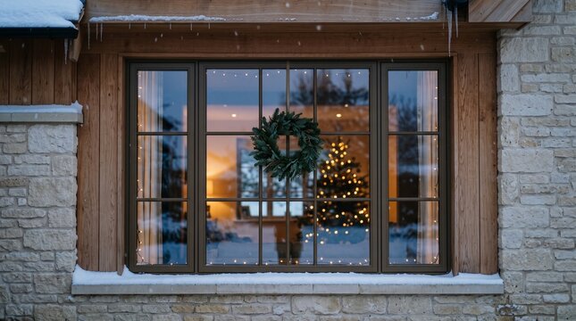 Cozy Christmas window display with festive wreath and glowing tree in a snowy winter house
