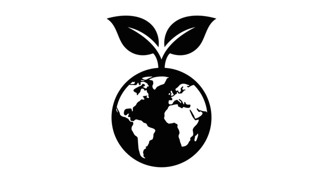 This is a black silhouette icon of planet Earth (Americas, Europe, and Africa visible) with a two-leaf sprout growing from the top. It&rsquo;s a classic eco/sustainability symbol, so the keywords below are 