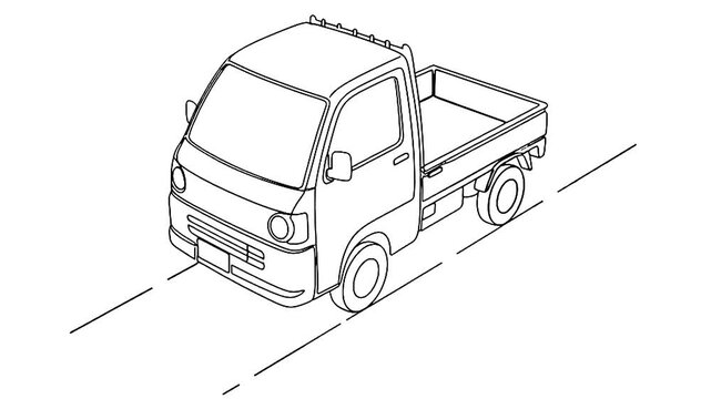 Line Drawing of a Small Pickup Truck Driving on a Road