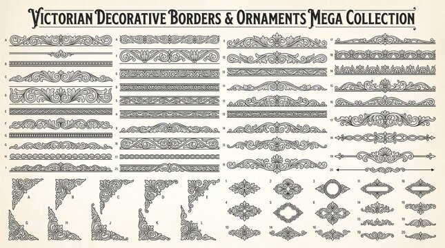 Victorian decorative borders and ornaments mega collection. Featuring vintage flourishes filigree corners dividers and scrolls. Classic engraving style vector elements for historic stationery