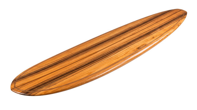 Natural wood surfboard with an elongated tapered silhouette, rounded nose, smooth polished finish, and striking dark grain stripes running lengthwise through warm timber. Photorealistic product