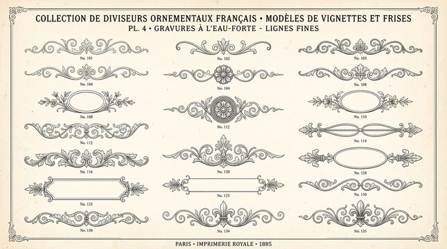 Vintage French ornamental dividers and vignettes vector illustration set. Featuring antique scrollwork borders. Classic engraving style graphic elements for heritage and historical projects
