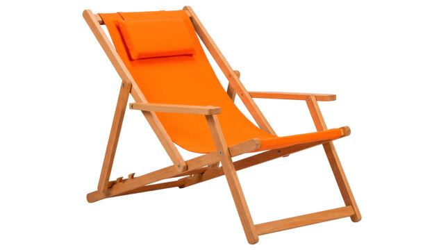 Orange canvas reclining beach chair with vivid fabric sling, lightweight folding frame and cheerful summer leisure design, photorealistic furniture photography, front three-quarter view, tack-sharp
