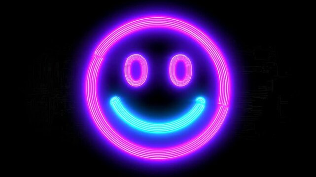 Neon smiley face changes color with a glowing outline on a black digital field. Social media graphics, messaging interface design, and app and website.