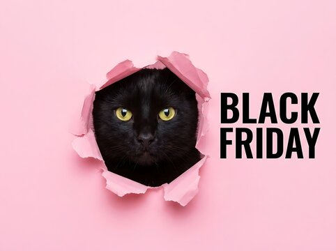 Black cat peeking through torn pink paper with black friday text on a pastel background