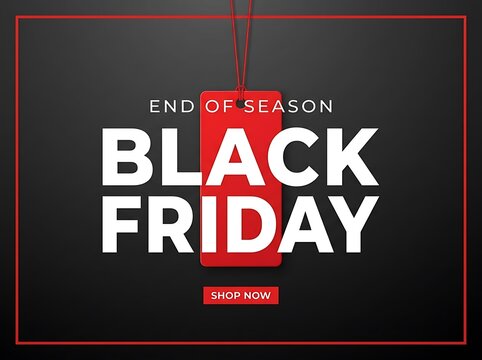 Black Friday sale banner with red tag and shop now button on black background