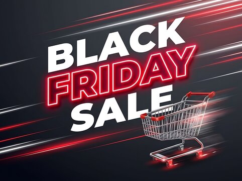 Black Friday sale banner with shopping cart and dynamic red light streaks on dark background