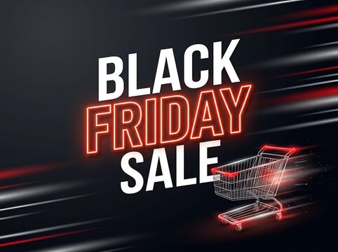 Black Friday sale banner with shopping cart and dynamic red light streaks on dark background