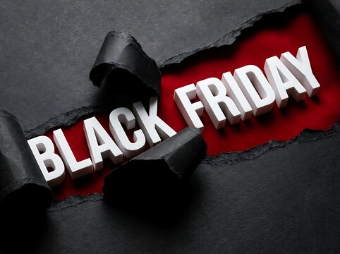 Black Friday sale concept with ripped paper revealing bold white lettering on a red background