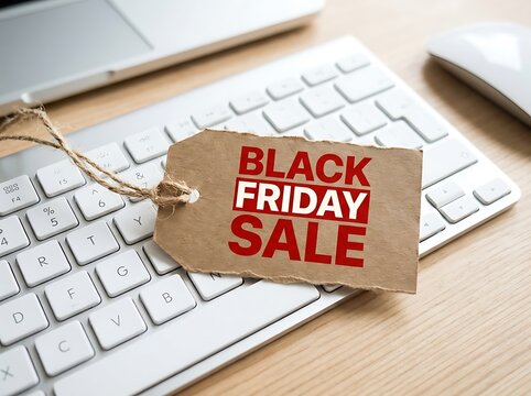 Black Friday sale tag hanging over a white keyboard with a wooden desktop
