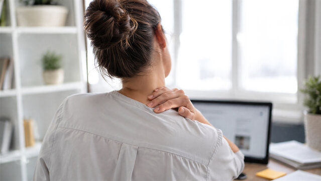 woman rubbing neck while working at computer in home office. Desk work and neck pain. Workplace ergonomics and repetitive strain. Remote work health and wellness concept