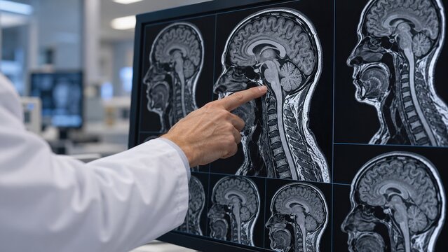 Medical specialist analyzes neurological MRI images of the brain and neck on a clinical display, representing radiology interpretation, diagnostic medicine and patient examination.