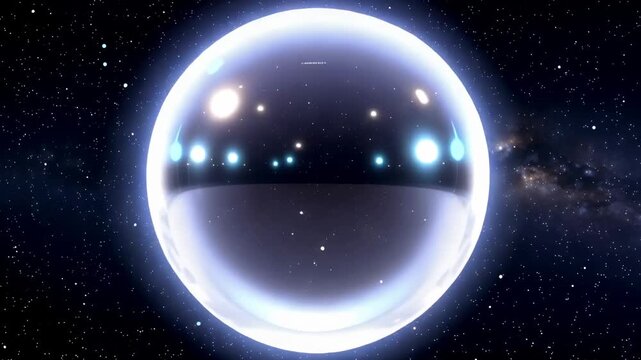 Glowing translucent spheres drift and expand across a star filled space scene, gradually revealing a large reflective orb against the Milky Way