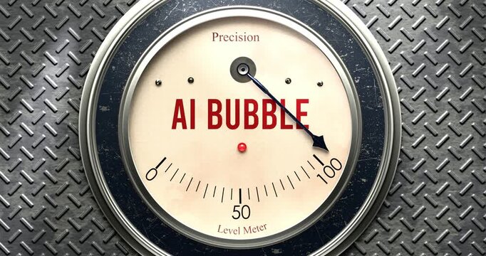 Ai Bubble  meter that is hitting a full scale, showing rising levels of ai bubble, overload of it, too much of it. Maximum value, off the charts.