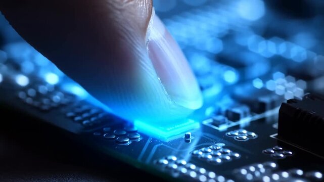Fingertip activates a glowing microchip on an electronic circuit board. Technology advertising, electronics presentations, and computer hardware marketing.